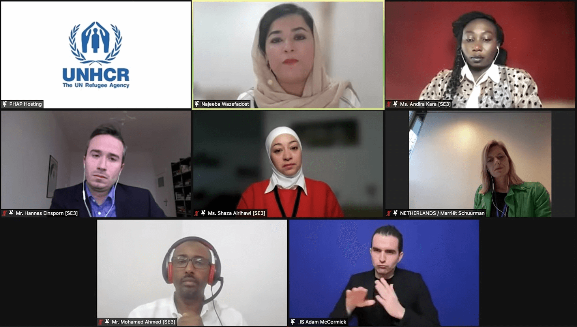 Screenshot of side event panel meaningful participation speakers on Zoom