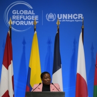 A woman stands at a lectern, in the background is the GRF logo and flags