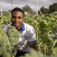 A young man crouching among green plants, smiling at the camera