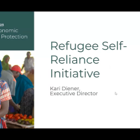 A screenshot from the webinar showing a slide from the presentation, with the name of the multi-stakeholder pledge, the words "Refugee Self-Reliance Initiative- Kari Diener, Executive Director", a photo of a woman smiling in a market, three of the videos of participants in the call and a counter showing another 82 other people are in it too.