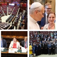 A collage of images of Safak in Rome, including with the Pope, speaking in a panel, standing in a group of participants and at the conference