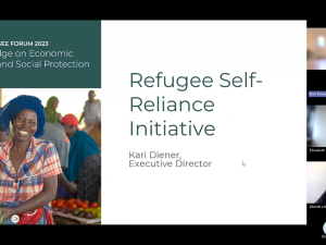 A screenshot from the webinar showing a slide from the presentation, with the name of the multi-stakeholder pledge, the words "Refugee Self-Reliance Initiative- Kari Diener, Executive Director", a photo of a woman smiling in a market, three of the videos of participants in the call and a counter showing another 82 other people are in it too.
