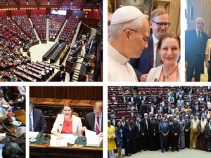 A collage of images of Safak in Rome, including with the Pope, speaking in a panel, standing in a group of participants and at the conference
