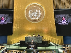 The Mexican Minister delivering the statement at the UN headquarters in New York. She is standing on a stage, with a large golden wall behind her with the UN logo on it. To the sides of the wall are large screens showing her speaking.