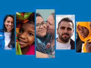 A banner of six photos showing different people smiling at the camera, from left showing a man, a woman, a child, a woman and a child, a man, a youth, and a woman