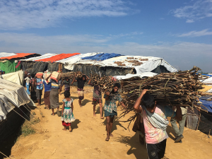 People carrying firewood over their shoulders in a camp setting.