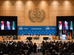 Delegates gather for the opening session of the Global Refugee Forum at the Palais des Nations in Geneva