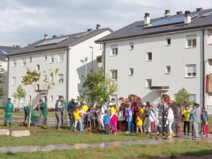 People outside of a housing unit.