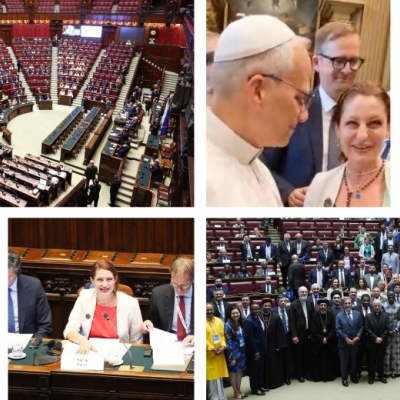 A collage of images of Safak in Rome, including with the Pope, speaking in a panel, standing in a group of participants and at the conference