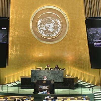 The Mexican Minister delivering the statement at the UN headquarters in New York. She is standing on a stage, with a large golden wall behind her with the UN logo on it. To the sides of the wall are large screens showing her speaking.