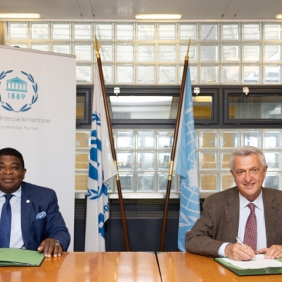 UN High Commissioner for Refugees, Filippo Grandi signs a Memo of Understanding with the Secretary General of the of the Inter-Parliamentary Union, Martin Chungong