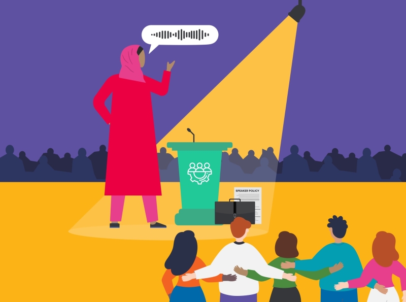 A illustration of a woman on a stage speaking to an audience, with a speaker policy document next to the podium, and five people linking arms, watching, behind her