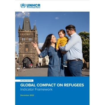 Cover of the 2022 GCR indicator framework - a woman and man holding a young child are talking to the child and pointing to a bridge in Prague