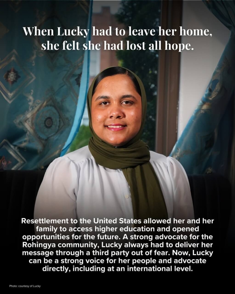 A poster of a woman smiling at the camera, with a lot of writing over it