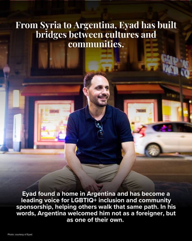 A poster of a man sitting outside on the street. There is a lot of text on the poster