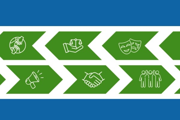 A graphic of two lines of green chevrons, the top ones show hands round the world, scales of justice in the palm of a hand, and the happy and sad theatre masks. The bottom row shows a megaphone, a handshake, and three people high fiving