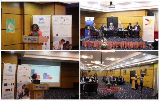 Four pictures of people participating in a meeting about refugees.