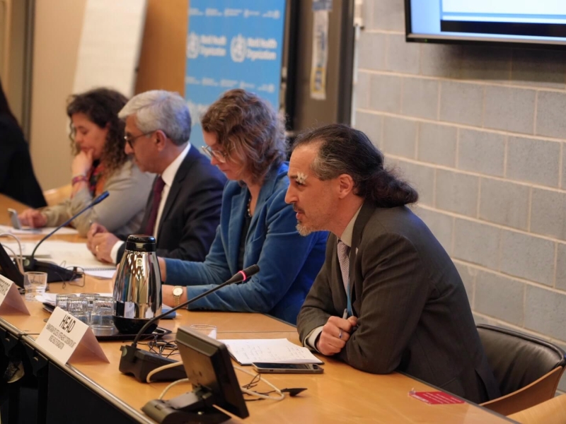 A photo of the panel, with four people sitting in a row - the closest one is speaking into a microphone