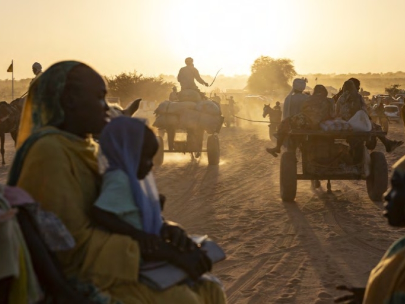The sun lights up the dust behind groups of Sudanese refugees walking and on carts behind horses