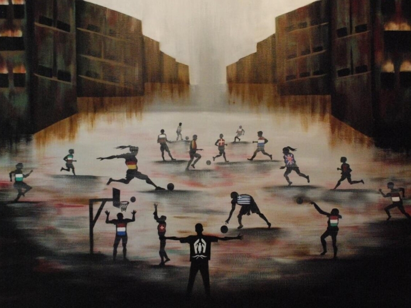 Global Winner, UNHCR 2021 Youth With Refugees Art Contest - Illustration of people playing various sports wearing different country flags