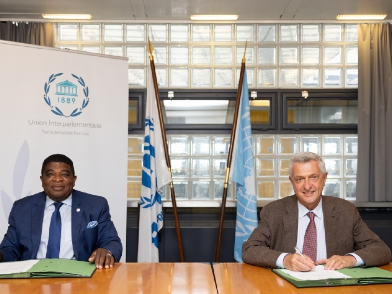 UN High Commissioner for Refugees, Filippo Grandi signs a Memo of Understanding with the Secretary General of the of the Inter-Parliamentary Union, Martin Chungong