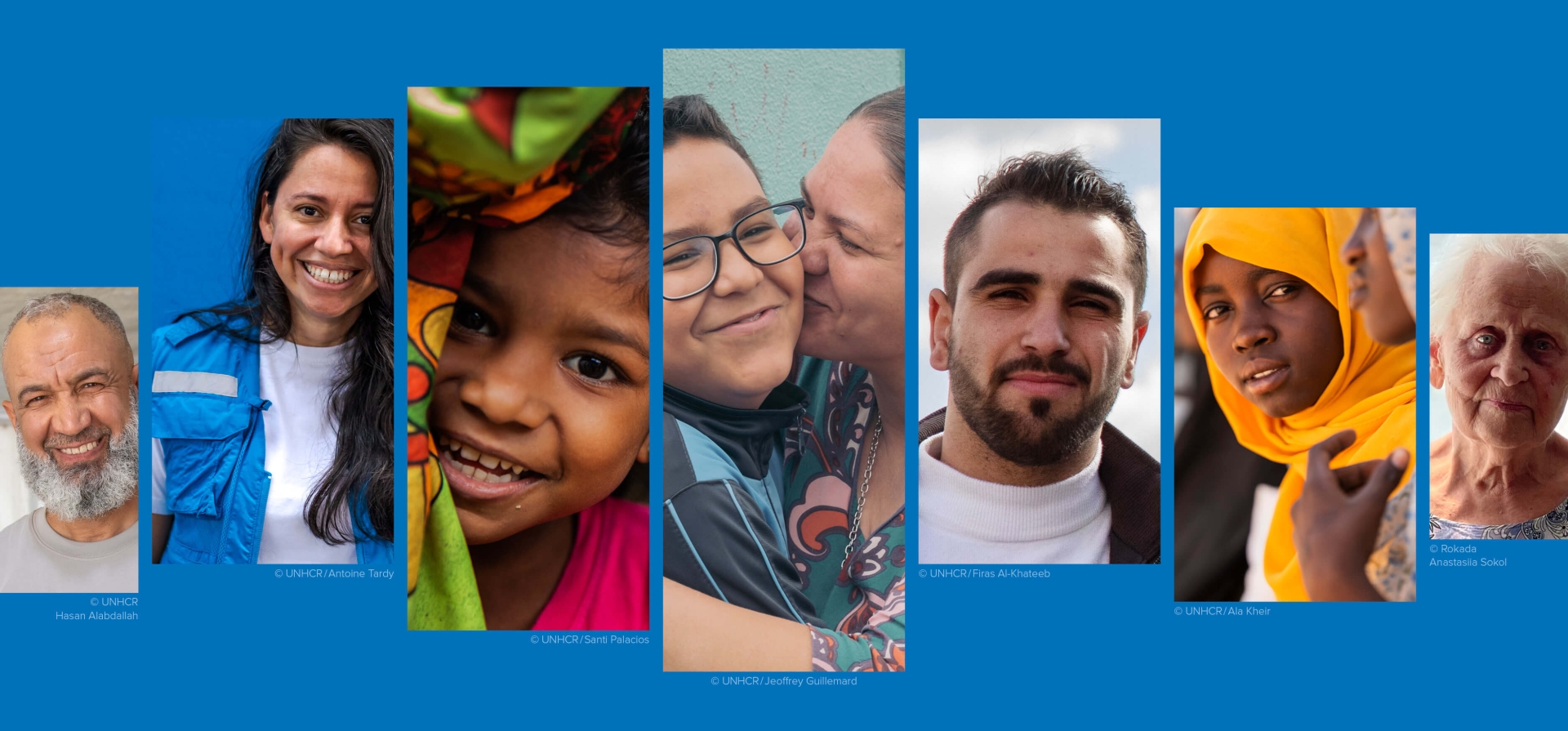 A banner of six photos showing different people smiling at the camera, from left showing a man, a woman, a child, a woman and a child, a man, a youth, and a woman