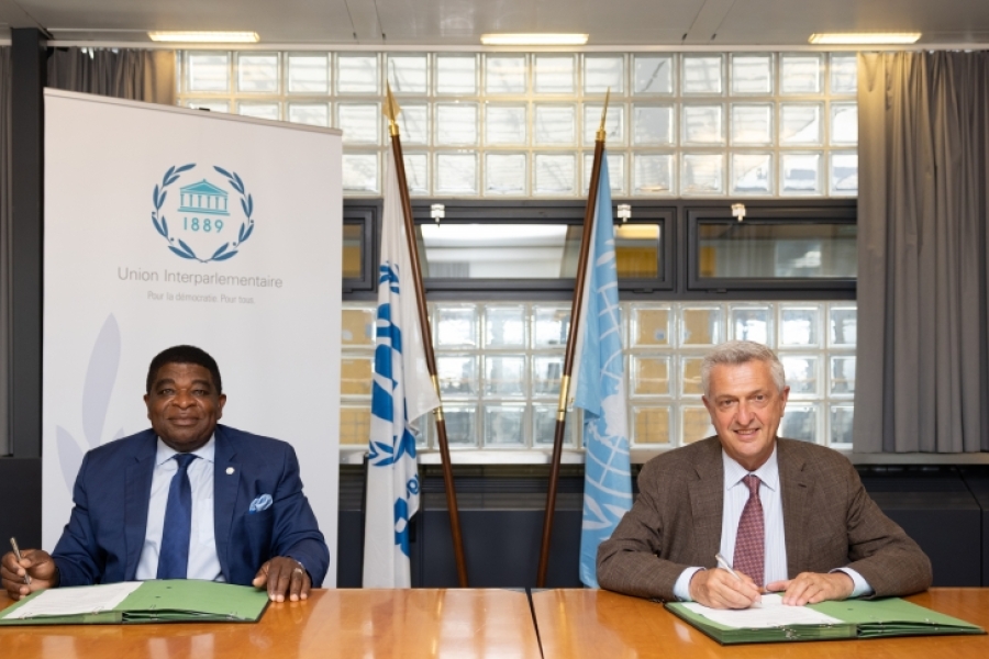 UN High Commissioner for Refugees, Filippo Grandi signs a Memo of Understanding with the Secretary General of the of the Inter-Parliamentary Union, Martin Chungong