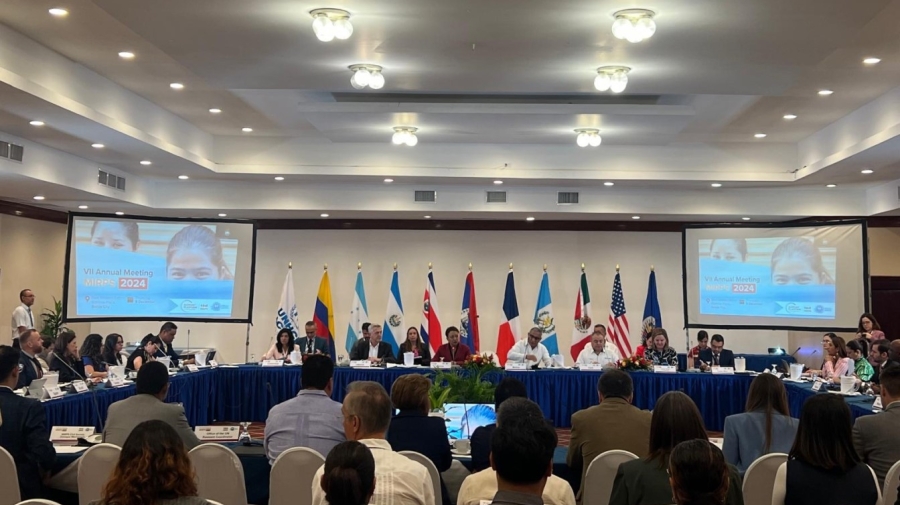 A meeting, with participants sitting behind tables laid out in a rectangle, with screens and flags behind the panel