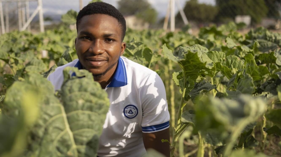 A young man crouching among green plants, smiling at the camera