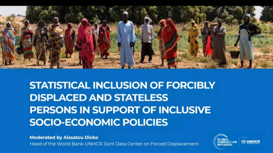 The opening slide for the webinar, showing 17 people standing outside in quite a dry landscape, with a large group of trees behind. They are wearing brightly coloured loose clothing, and some of them are holding buckets. Underneath, are the words "Statistical Inclusion of Forcibly Displaced and Stateless Persons in Support of Inclusive Socio-Economic Policies. Moderated by Aissatou Dicko, Head of the World Bank-UNHCR Joint Data Center on Forced Displacement" along with the Global Compact on Refugees logo