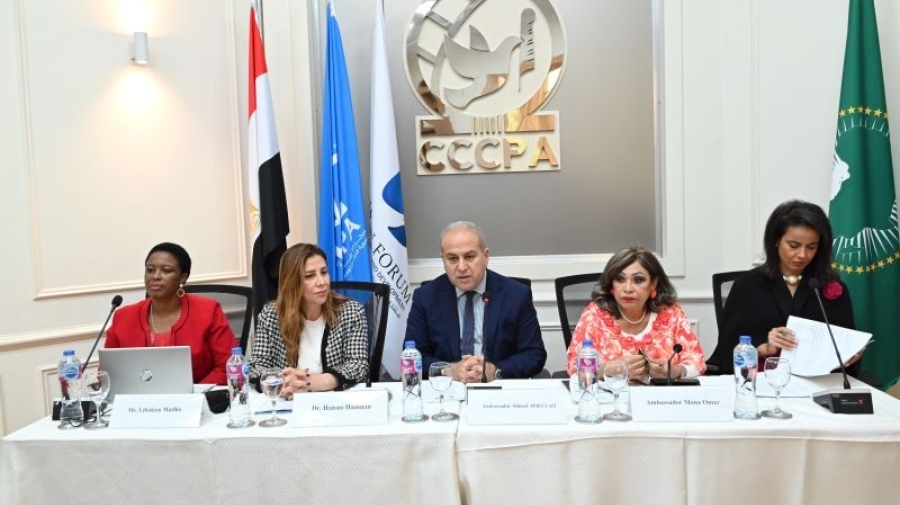A panel of five people sitting behind a table, speaking into microphones. Behind them are four flags and the logo of the CCCPA