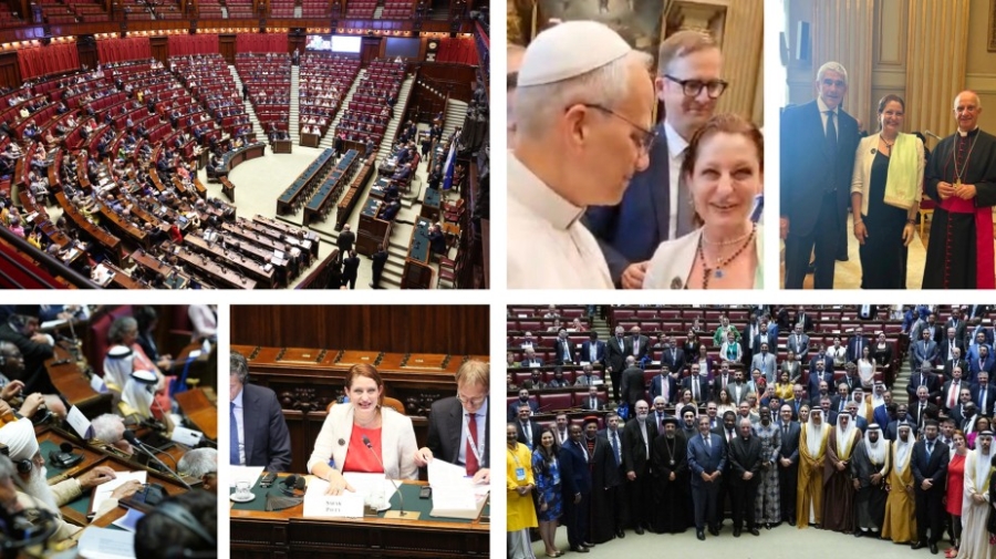 A collage of images of Safak in Rome, including with the Pope, speaking in a panel, standing in a group of participants and at the conference